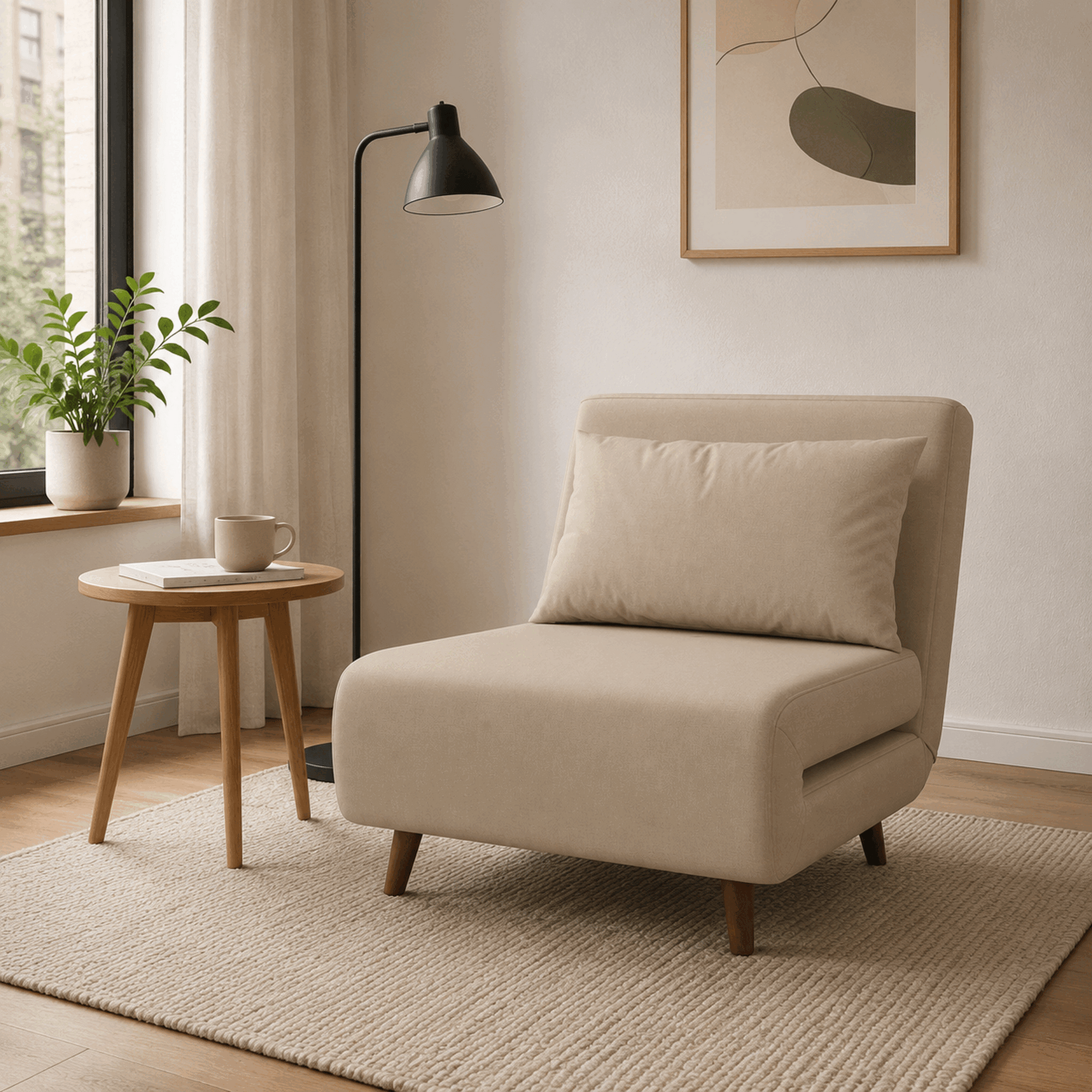 Beige NUVROM convertible chair transforming into a chaise lounge and guest bed in a small studio apartment