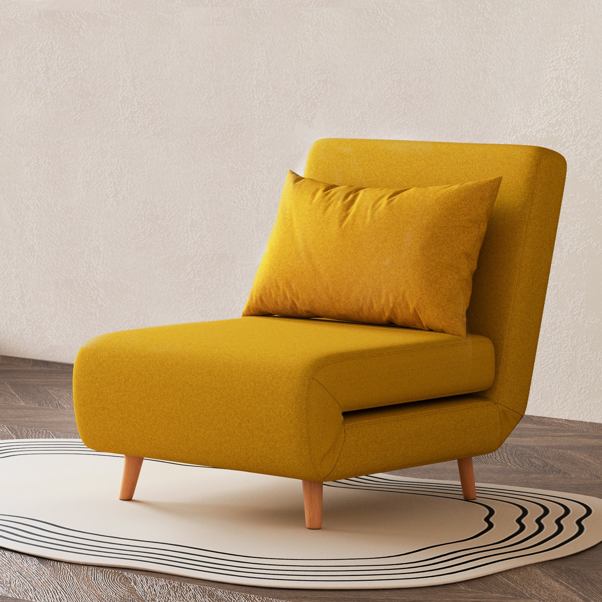 Mustard yellow convertible chair bed with matching pillow and wooden legs
