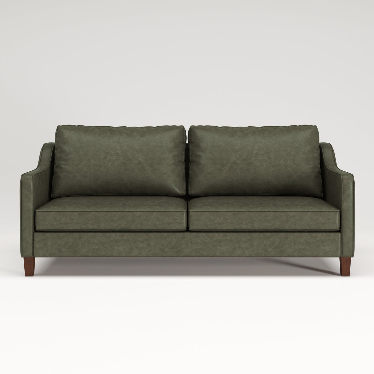 A 3-seater sofa upholstered in textured olive green faux leather, featuring dark brown wooden legs, shown against a plain light gray background.