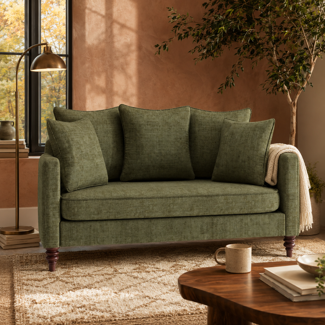 Olive green loveseat styled in a cozy sunlit living room with warm terracotta walls and walnut furniture.