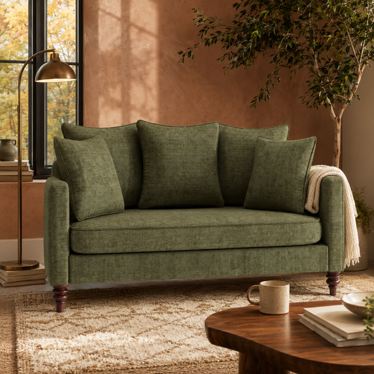 Olive green loveseat styled in a cozy sunlit living room with warm terracotta walls and walnut furniture.