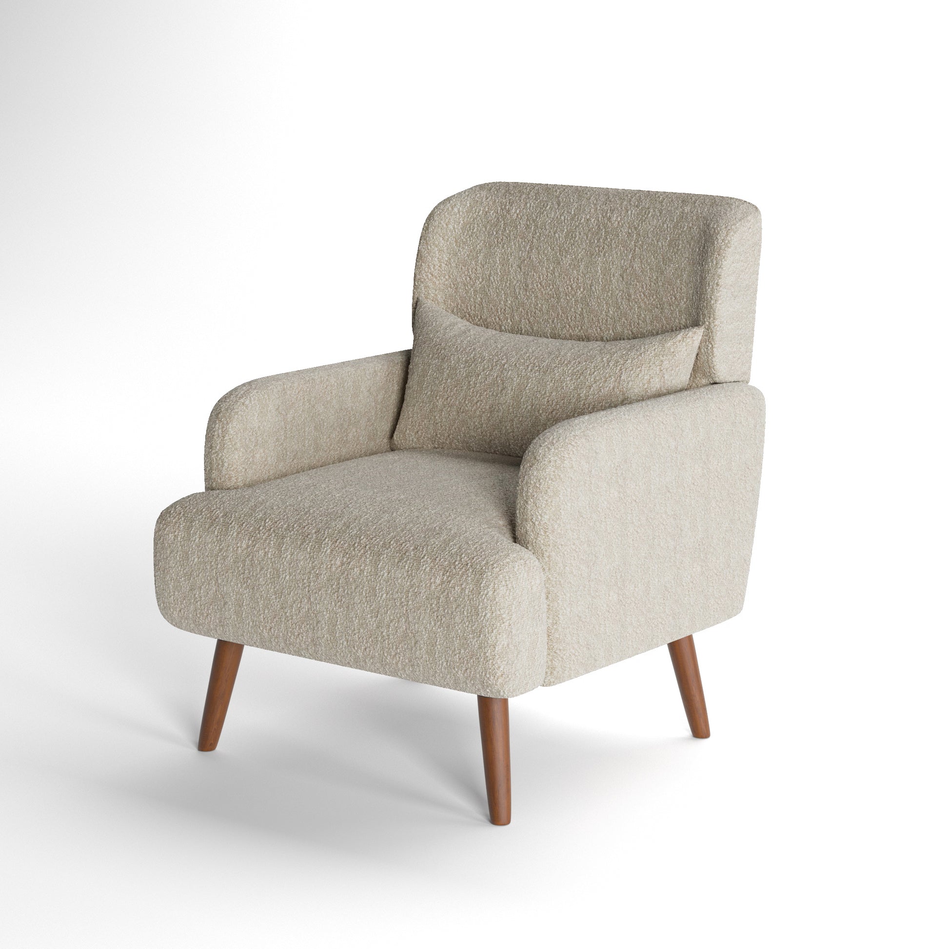 Arlo Accent Armchair in Ivory Tweed Color shown from a front angled view, highlighting its plush seat cushion, textured tweed upholstery, curved armrests, and tapered wood legs.