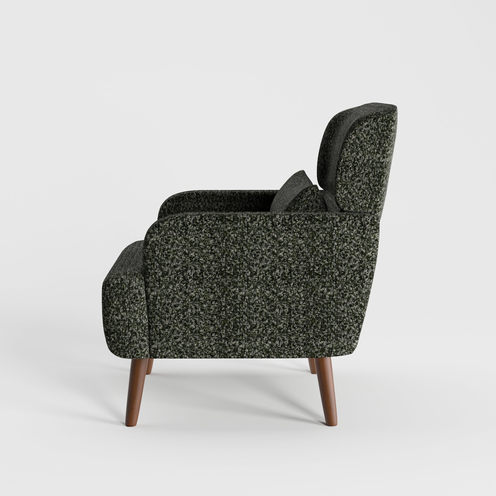 Arlo Accent Armchair in Evergreen Tweed Color shown from the side, showcasing its deep seat, supportive backrest, rounded arm design, and solid wood legs.