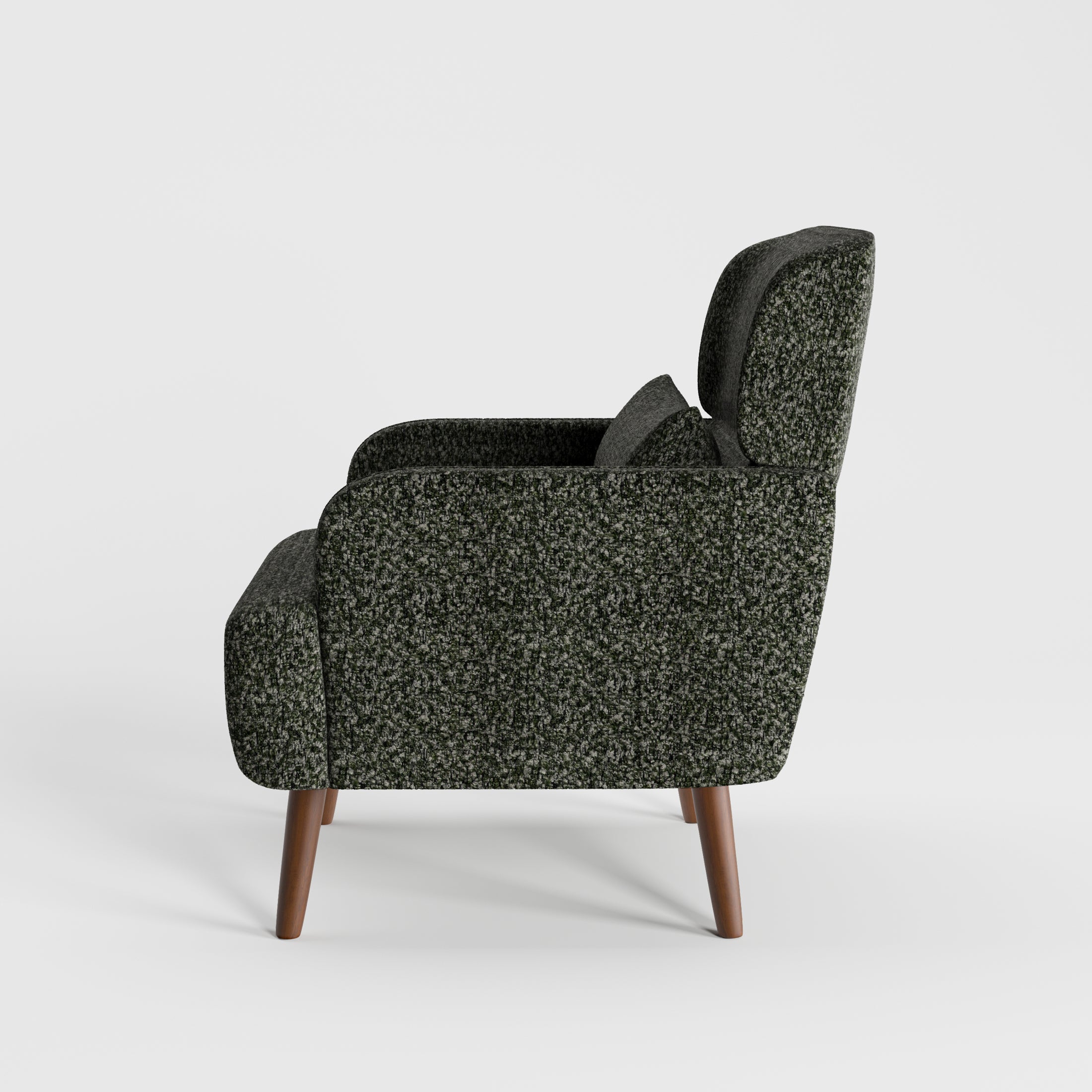 Arlo Accent Armchair in Evergreen Tweed Color shown from the side, showcasing its deep seat, supportive backrest, rounded arm design, and solid wood legs.