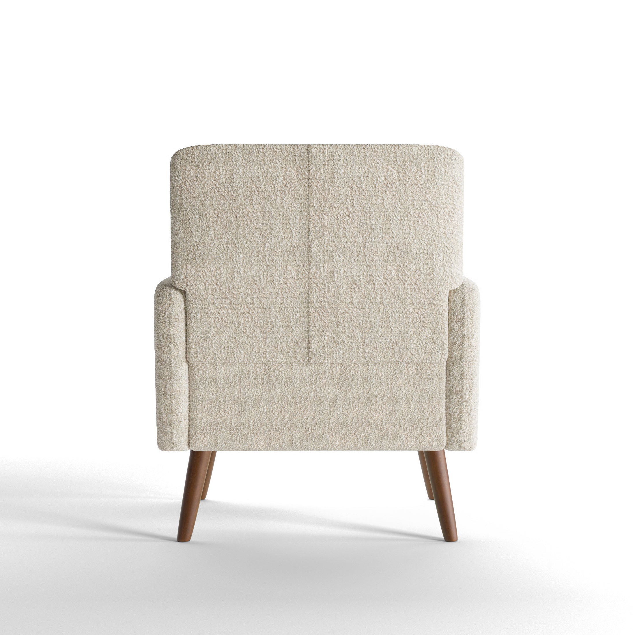 Arlo Accent Armchair in Ivory Tweed Color shown from the back, displaying its clean upholstered silhouette, textured tweed fabric, and tapered wooden legs.