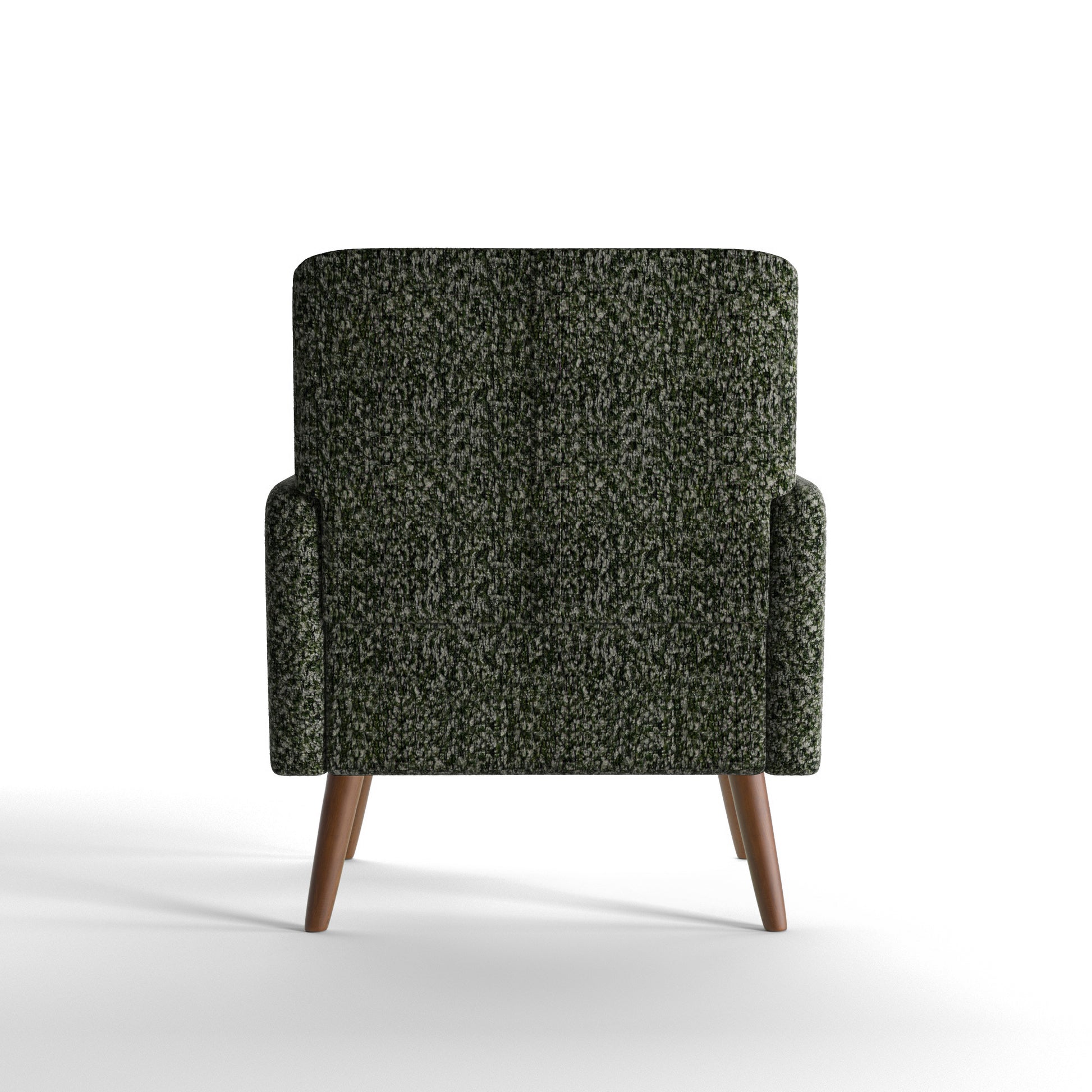 Arlo Accent Armchair in Evergreen Tweed Color shown from the back, displaying its clean upholstered silhouette, textured tweed fabric, and tapered wooden legs.