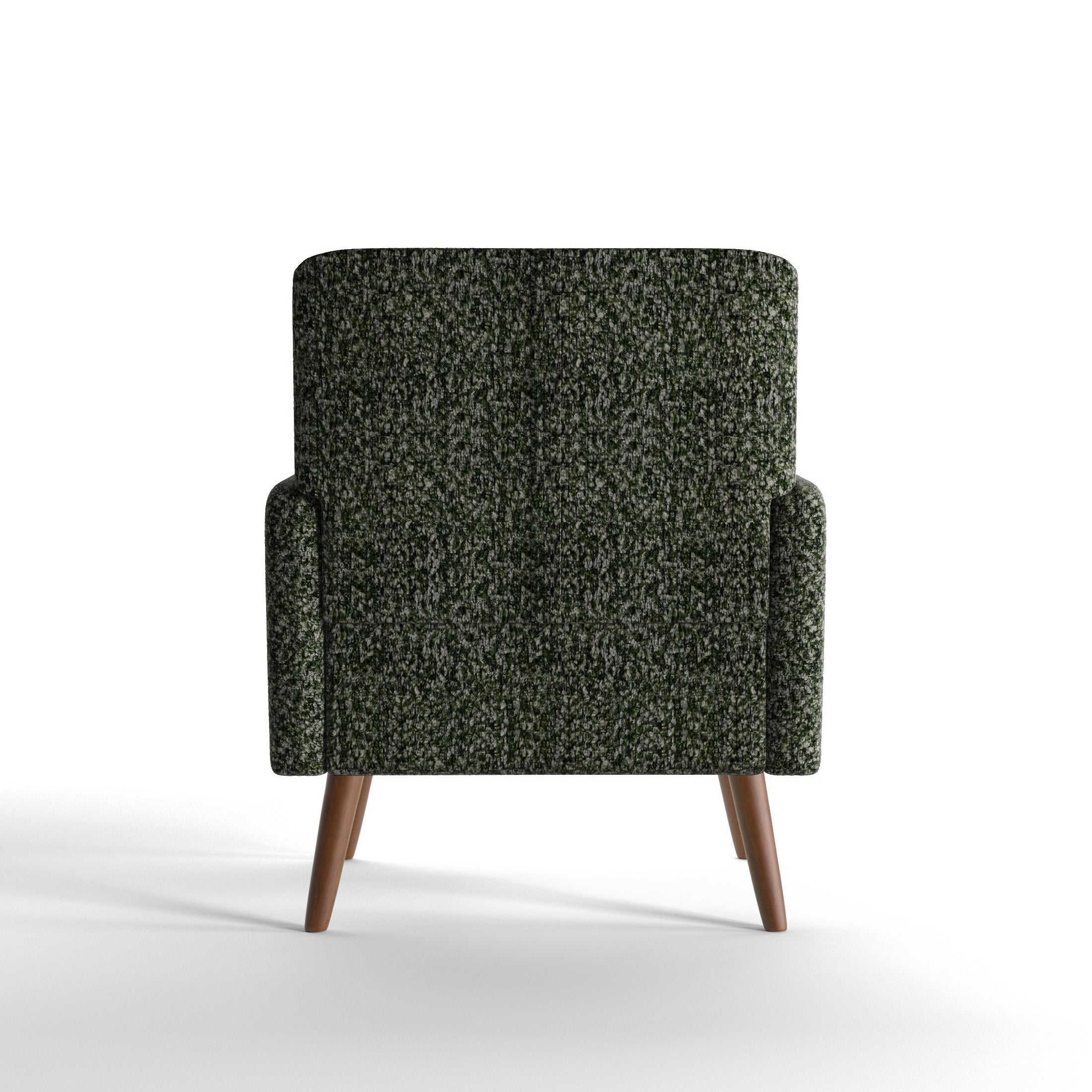 Arlo Accent Armchair in Evergreen Tweed Color shown from the back, displaying its clean upholstered silhouette, textured tweed fabric, and tapered wooden legs.