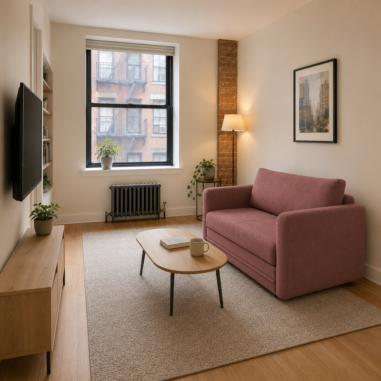 Dusty rose convertible loveseat with a coffee table and wall-mounted TV in a small New York City apartment.