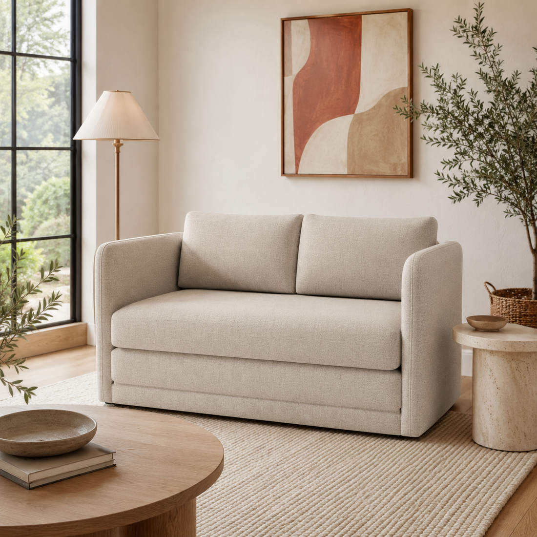 Light greige compact loveseat styled in a bright California-casual American living room.