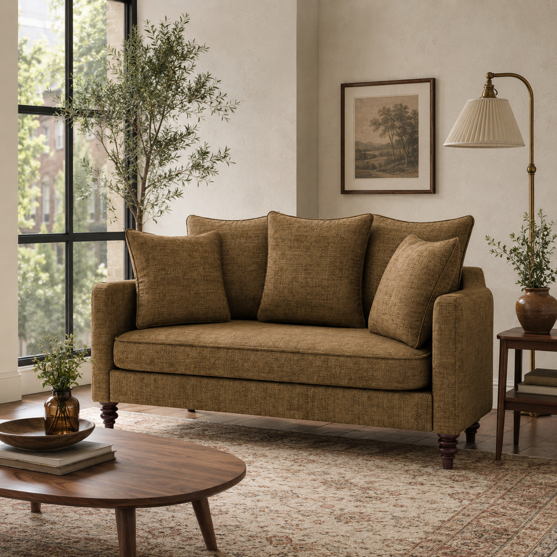 Caramel brown loveseat with five cushions styled in a warm modern American living room.