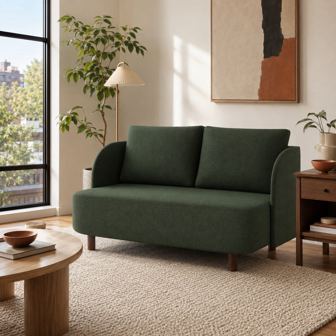 Forest green compact loveseat styled in a bright modern American apartment.