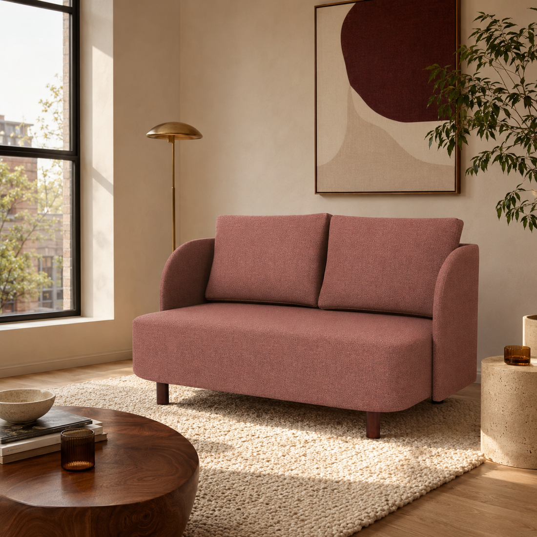 Dusty rose compact loveseat styled in a warm modern American city apartment.