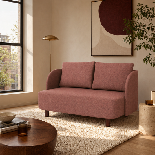 Dusty rose compact loveseat styled in a warm modern American city apartment.