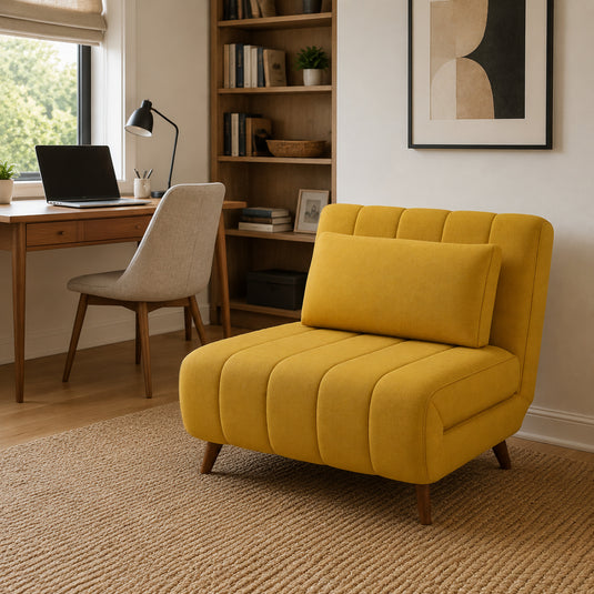 Mustard yellow NUVROM convertible chair in a warm modern American home office